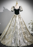 A-line square neck satin velvet long prom dress, black evening dress HZ1024