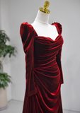 A-line square neck velvet long sleeves long prom dress, Burgundy evening dress HZ1024