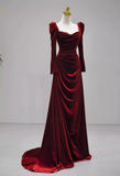 A-line square neck velvet long sleeves long prom dress, Burgundy evening dress HZ1024