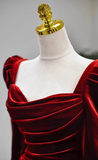 A-line square neck velvet long sleeves long prom dress, Burgundy evening dress HZ1024