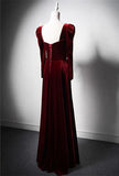 A-line square neck velvet long sleeves long prom dress, Burgundy evening dress HZ1024