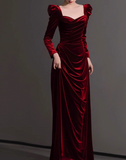 A-line square neck velvet long sleeves long prom dress, Burgundy evening dress HZ1024