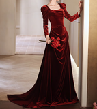 A-line square neck velvet long sleeves long prom dress, Burgundy evening dress HZ1024