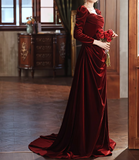 A-line square neck velvet long sleeves long prom dress, Burgundy evening dress HZ1024