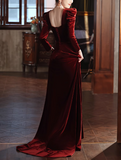 A-line square neck velvet long sleeves long prom dress, Burgundy evening dress HZ1024