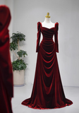 A-line square neck velvet long sleeves long prom dress, Burgundy evening dress HZ1024