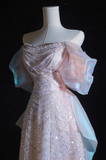 Pink A-line off-shoulder tulle sequins beaded long prom dress, pink evening dress HZ1024