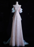 Pink A-line off-shoulder tulle sequins beaded long prom dress, pink evening dress HZ1024