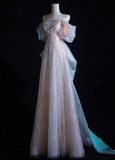 Pink A-line off-shoulder tulle sequins beaded long prom dress, pink evening dress HZ1024