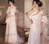 Pink A-line off-shoulder tulle sequins beaded long prom dress, pink evening dress HZ1024