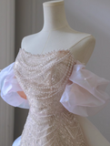 Pink A-line off-shoulder tulle sequins beaded long prom dress, pink evening dress HZ1024