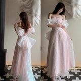 Pink A-line off-shoulder tulle sequins beaded long prom dress, pink evening dress HZ1024