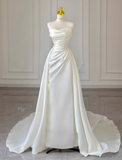 A-line off-the-shoulder satin long prom dress, off-white long train dress HZ1024