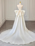 A-line off-the-shoulder satin long prom dress, off-white long train dress HZ1024