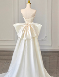 A-line off-the-shoulder satin long prom dress, off-white long train dress HZ1024