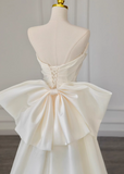 A-line off-the-shoulder satin long prom dress, off-white long train dress HZ1024