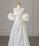 A-line off-the-shoulder satin long prom dress, off-white long train dress HZ1024