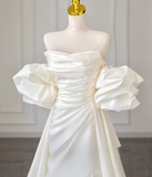 A-line off-the-shoulder satin long prom dress, off-white long train dress HZ1024