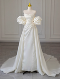 A-line off-the-shoulder satin long prom dress, off-white long train dress HZ1024
