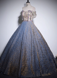 A-line off-shoulder tulle sequined long prom dress, purple evening dress HZ1024