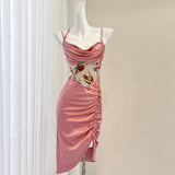 waist printed satin suspender dress HZ1024