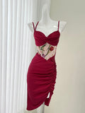 waist printed satin suspender dress HZ1024