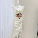 waist printed satin suspender dress HZ1024