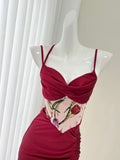 waist printed satin suspender dress HZ1024