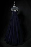 A-line strapless velvet long prom dress, navy evening dress HZ1024