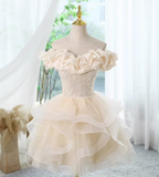 A-line off-the-shoulder tulle lace short prom dress, champagne homecoming dress HZ1024