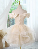 A-line off-the-shoulder tulle lace short prom dress, champagne homecoming dress HZ1024
