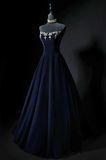 A-line strapless velvet long prom dress, navy evening dress HZ1024