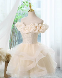 A-line off-the-shoulder tulle lace short prom dress, champagne homecoming dress HZ1024