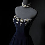 A-line strapless velvet long prom dress, navy evening dress HZ1024