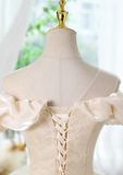 A-line off-the-shoulder tulle lace short prom dress, champagne homecoming dress HZ1024