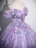 A-Line Off Shoulder Tulle Lace Purple Long Prom Dress, Purple Long Formal Dress HZ1024