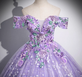 A-Line Off Shoulder Tulle Lace Purple Long Prom Dress, Purple Long Formal Dress HZ1024