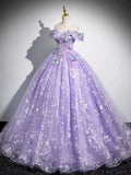 A-Line Off Shoulder Tulle Lace Purple Long Prom Dress, Purple Long Formal Dress HZ1024