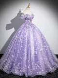 A-Line Off Shoulder Tulle Lace Purple Long Prom Dress, Purple Long Formal Dress HZ1024