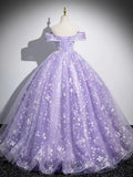 A-Line Off Shoulder Tulle Lace Purple Long Prom Dress, Purple Long Formal Dress HZ1024