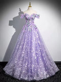 A-Line Off Shoulder Tulle Lace Purple Long Prom Dress, Purple Long Formal Dress HZ1024