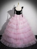 V Neck Pink Tulle Long Prom Dress, Pink Long Formal Dress HZ1024