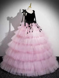 V Neck Pink Tulle Long Prom Dress, Pink Long Formal Dress HZ1024