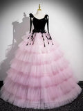 V Neck Pink Tulle Long Prom Dress, Pink Long Formal Dress HZ1024