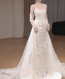 mermaid tulle lace long prom dress, white wedding dress HZ1024