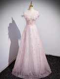 A-line off-the-shoulder tulle lace sequined long prom dress, pink evening dress HZ1024