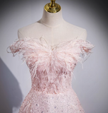 A-line off-the-shoulder tulle lace sequined long prom dress, pink evening dress HZ1024