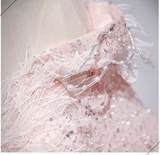 A-line off-the-shoulder tulle lace sequined long prom dress, pink evening dress HZ1024