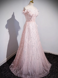 A-line off-the-shoulder tulle lace sequined long prom dress, pink evening dress HZ1024