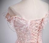 A-line off-the-shoulder tulle lace sequined long prom dress, pink evening dress HZ1024